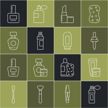 Parfüm, krem ya da losyon kozmetik tüpü, Pipette, ruj, tırnak cilası şişesi ve ikon. Vektör