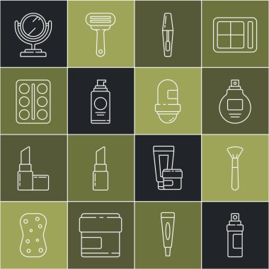 Parfüm, makyaj fırçası, maskara, saç spreyi kutusu, göz farı paleti, yuvarlak makyaj aynası ve terletici deodorant rulo ikonu. Vektör