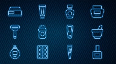 Tırnak cilası şişesi, havan topu, parfüm, terleme önleyici deodorant rulo tıraş jileti, krem losyon kozmetik tüp, el aynası ve ikon. Vektör