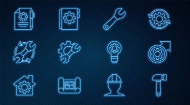 Hammer, Gear ve okları iş akışı süreci, İngiliz anahtarı, dişli, Belge ayarları kalemi, ampul ve Kullanıcı elle simgesi olarak ayarla. Vektör