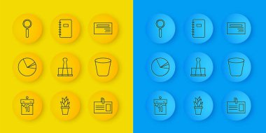 Çizgi çizelgesi, pasta grafiği bilgisi, cilt klipsi, kimlik kartı, çöp kutusu, büyüteç, kartvizit ve Spiral defter simgesi. Vektör