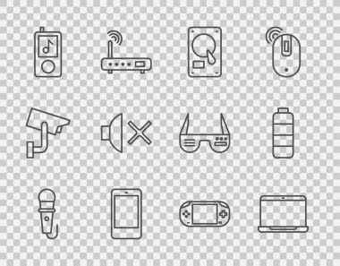 HDD, Smartphone, Mobile, Music player, Hoparlör, Hoparlör, Portable video oyun konsolu ve Batarya şarj seviyesi gösterge simgesini ayarla. Vektör