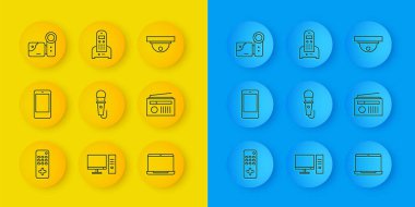 Hat uzaktan kumandası, akıllı telefon, cep telefonu, mikrofon, dizüstü bilgisayar, antenli radyo, sinema kamerası, hareket sensörü ve telefon ikonu. Vektör