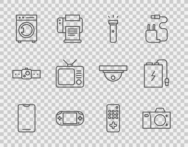 Akıllı telefon, cep telefonu, fotoğraf makinesi, el feneri, taşınabilir video oyun konsolu, çamaşır makinesi, Retro TV, uzaktan kumanda ve kablo ikonlu elektrik bankası. Vektör