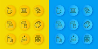 İnternetten sipariş ve teslimat, burger, tabak kahve fincanı, paket pizza ve ikon. Vektör