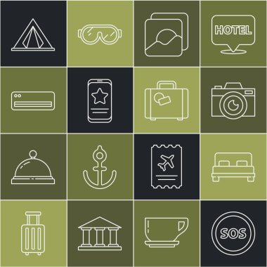 SOS, büyük yatak, fotoğraf makinesi, mobil inceleme derecesi, klima, turist çadırı ve çanta ikonu olan bir hat ayarla. Vektör