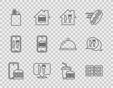 İnternetten sipariş ve teslimat, restoran kafe menüsü, kafe restoranının konumu, kağıt cam burger ve ikon. Vektör