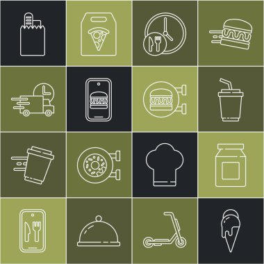 Dondurmayı hazırla, internetten sipariş ver ve teslim et, su dolu kağıt bardak, 24 saat, arabayla hızlı ve hamburger ikonu. Vektör