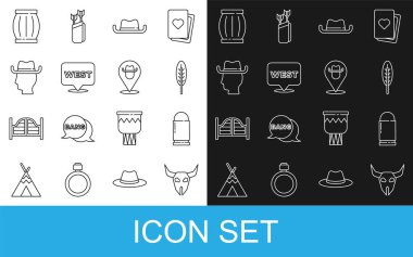 Bufalo kafatası, kurşun, Kızılderili tüyü, kovboy şapkası, vahşi batıyı gösteren işaret, Kovboy, barut fıçısı ve konum ikonu. Vektör