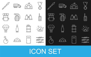 Dikenli tel, bomba patlaması, telsiz, askeri kışla, el bombası, yürüyüş sırt çantası, ortaçağ mızrağı ve dürbün ikonu. Vektör