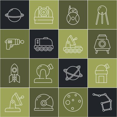 Büyük Ayı takımyıldızı, astronomik gözlemevi, Mars gezgini, robot, ışın tabancası, Satürn gezegeni ve ikon. Vektör