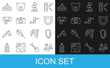 Cartridges, Carabiner, Monkey, trafik levhası, fotoğraf makinesi, fil, turist çadırı ve İsviçre ordu bıçak ikonu. Vektör