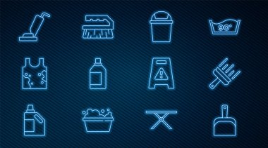 Safra kesesi, pencereler için lastik temizleyici, çöp tenekesi, şişe temizleyicisi, kirli tişört, süpürge, ıslak yer ve fırça ikonu. Vektör
