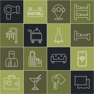 Yastık, cep telefonu kablosuz, otel odası yatağı, beş yıldızlı değerlendirme, örtülü tepsi, duş, saç kurutma makinesi ve servis çanı ikonu. Vektör