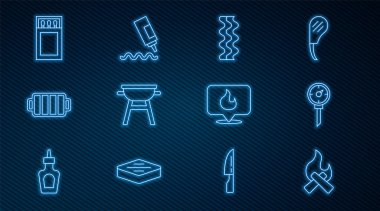 Kamp ateşi, mutfak termometresi, pastırma şeridi, ızgara ızgara, kibrit kutusu ve kibrit kutusu, alev ve sos şişesi ikonlu yer. Vektör