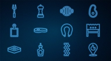 Ateş alevi, barbekü ızgarası, biftek eti, kesim tahtası, çatal, sosis ve biber ikonu ile hatları ayarlayın. Vektör