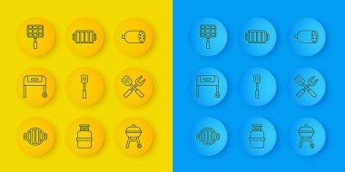 Barbekü ızgarası, spatula, çapraz çatal ve çelik ızgara, salam sosisi ve ikon. Vektör