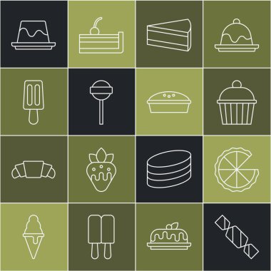 Şekerleme, ev yapımı turta, kek, kek, lolipop, dondurma, puding kreması ve ikon. Vektör