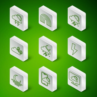 Çizgi konum bulutu, hava tahmini, fırtına, kar ve güneş bulutu, rüzgarlı hava, gökkuşağı, günbatımı ve şimşek simgesi. Vektör