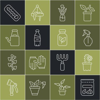 Bitki tohumları, kaktüs peyotası, su püskürtme şişesi, çiçek camı, şişe suyu, su kutusu, meteoroloji termometresi ve gübre ikonu dolu bir sıra oluştur. Vektör