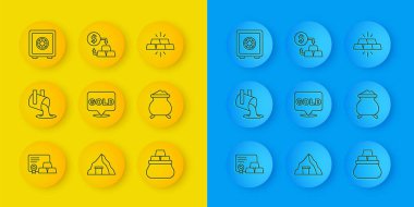 Sertifikalı altın külçeleri, erimiş altın dökülmesi, bir çanta dolusu, güvenli ve para bozdurma ikonu. Vektör