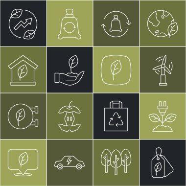 Etiketi yaprak, elektrik prizi, rüzgar türbini, çöp poşeti geri dönüşümü, bitki eli, çevre dostu ev ve Yaprak sembolü ile ayarla. Vektör