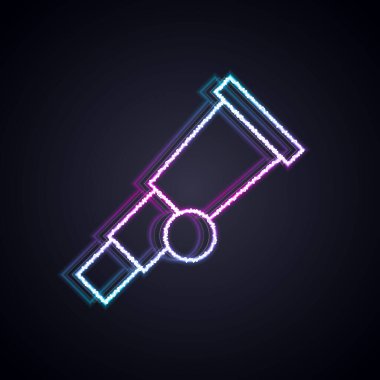 Parlayan neon hattı Teleskop simgesi siyah arkaplanda izole edildi. Bilimsel bir alet. Eğitim ve astronomi elementi, dürbün ve çalışma yıldızları. Vektör