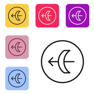 Siyah çizgi yay burcu simgesi beyaz arkaplanda izole edilmiş. Astrolojik yıldız falı koleksiyonu. Renkli kare düğmelerle simgeleri ayarla. Vektör