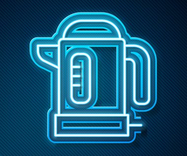 Parlayan neon hattı. Mavi arka planda elektrik ısıtıcısı simgesi izole edildi. Çaydanlık ikonu. Vektör