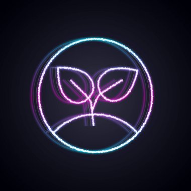 Parlayan neon çizgisi simgesi siyah arkaplanda izole edildi. Tohum ve tohum. İşaret bırakıyor. Yaprak doğası. Vektör