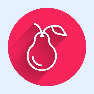 Beyaz çizgi Pear simgesi uzun gölge arkaplanı ile izole edildi. Yaprak sembollü meyve. Kırmızı daire düğmesi. Vektör