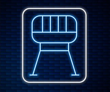 Parlayan neon hattı ızgara ikonu tuğla duvar arka planında izole edilmiş. Barbekü ızgara partisi. Vektör