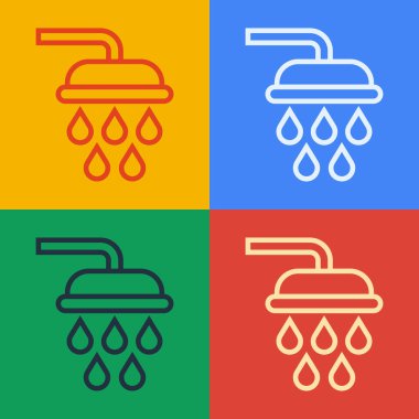 Pop sanat serisi duş başlığı ve su damlaları renkli arka planda izole edilmiş ikon akışı. Vektör