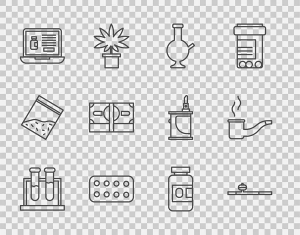 Set line Test tube and flask, Opium pipe, Glass bong for smoking marijuana, Pills blister pack, Buying drugs online laptop, Stacks paper money cash, Medicine bottle pills and Smoking icon. Vector — 图库矢量图片