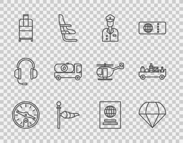 Pusula, Paraşüt, Pilot, Koni Meteoroloji rüzgar gülü vanesi, Bavul, Yakıt tankeri, Pasaport ve Havalimanı bagaj çekme ikonu. Vektör