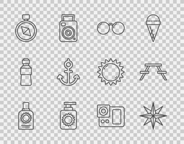 Set line Sonnencreme Sprühflasche, Windrose, Brille, Kompass, Anker, Fotokamera und Picknicktisch mit Bänken Symbol. Vektor — Stockvektor