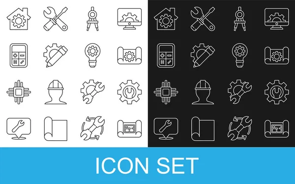 Set line Huisplan, moersleutel en versnelling, Grafisch papier, Tekening kompas, Potlood, Calculator, met en lamp pictogram. Vector — Stockvector