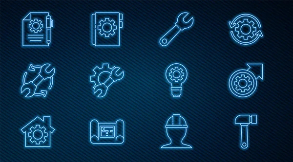 Hammer, Gear ve okları iş akışı süreci, İngiliz anahtarı, dişli, Belge ayarları kalemi, ampul ve Kullanıcı elle simgesi olarak ayarla. Vektör