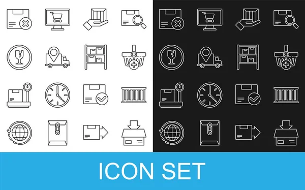 Set line Carton cardboard box, Container, Add Shopping basket, Delivery hand with boxes, tracking, Fragile broken glass, delete and Warehouse icon. Vector — Stock vektor