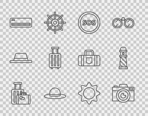 Set line Suitcase, Photo camera, Location with SOS, Elegant women hat, Air conditioner, Sun and Lighthouse icon. Vector — Stock Vector