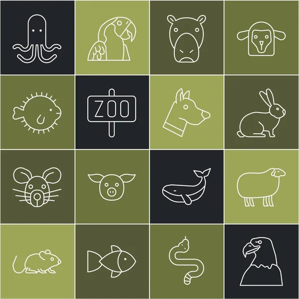 Définir la ligne Tête d'aigle, mouton, lapin, hippopotame ou hippopotame, parc zoologique, poisson-globe, poulpe et icône de chien. Vecteur — Image vectorielle