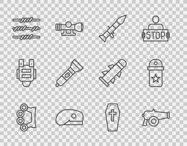 Set lijn Messing knokkels, Cannon, Rocket launcher, Militaire baret, prikkeldraad, zaklamp, Coffin met kruis en Chevron icoon. Vector — Stockvector