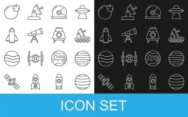 Establezca la línea Planeta Venus, Mars rover, Astronaut helmet, Telescopio, Rocket ship, y el icono. Vector — Vector de stock
