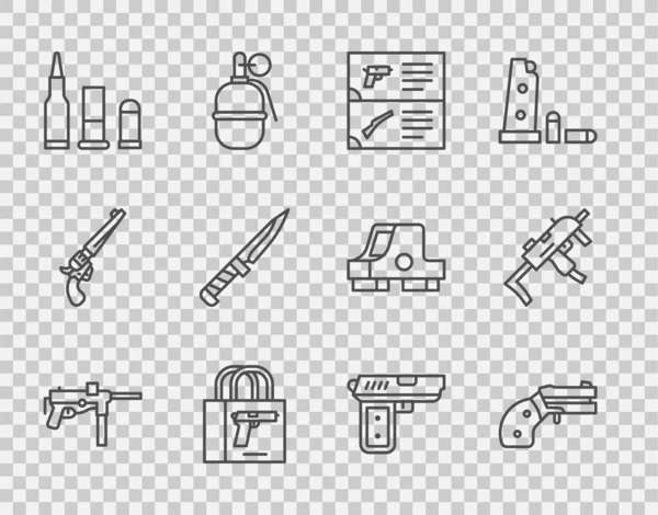 Definir linha Submetralhadora M3, pequeno revólver, catálogo de armas, pistola de compra, bala, faca militar, pistola ou e ícone de submáquina MP9I. Vetor —  Vetores de Stock