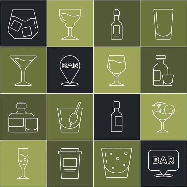 Set line Alcohol bar location, Cocktail, drink Rum, Champagne bottle, Martini glass, Glass of whiskey and Wine icon. Vector — Stock Vector