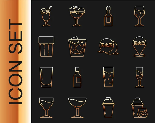 Set line Cocktail shaker, Glass of champagne, Alcohol bar location, Champagne bottle, whiskey, with water, and Street signboard Bar icon. Vector — Stock Vector