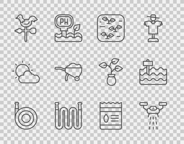 Set line Tuinslang, Smart farm met drone, Plant, Rooster weather vane, Wheelbarrow dirt, Pack full of seeds of plant and bed icon. Vector — Stockvector