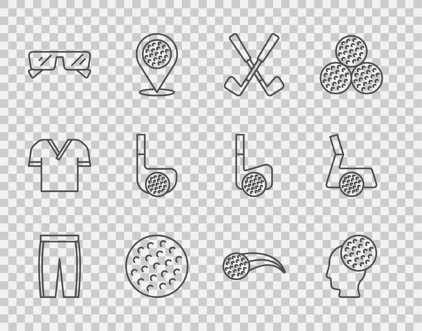 Set line Pantalones de golf, pelota, palo de golf cruzado, gafas, con, e icono. Vector — Vector de stock