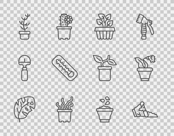 Set line Hojas tropicales, Maceta rota, Hiedra de las plantas de interior, Exótico tropical, Termómetro meteorológico, Cuenco de semillas e icono de la flor. Vector — Archivo Imágenes Vectoriales