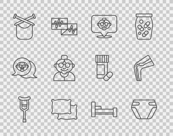 Set line Crutch or crutches, Adult diaper, Grandmother, Pillow, Knitting, Bed and Bone pain icon. Vector — Stock Vector